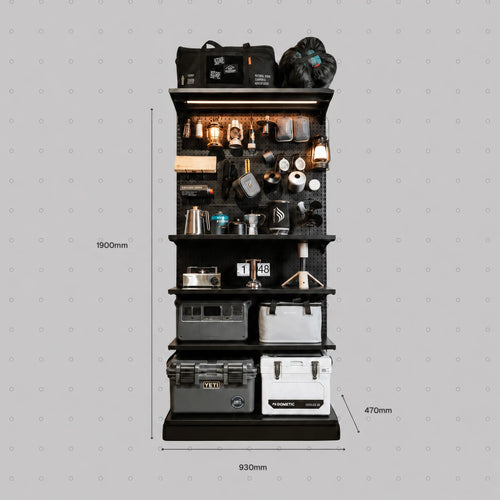 PegGrid Essential Set 1-Grid black modular pegboard storage system for camping gear, tools, coolers and outdoor equipment, measuring 930mm wide x 1900mm high x 470mm deep.