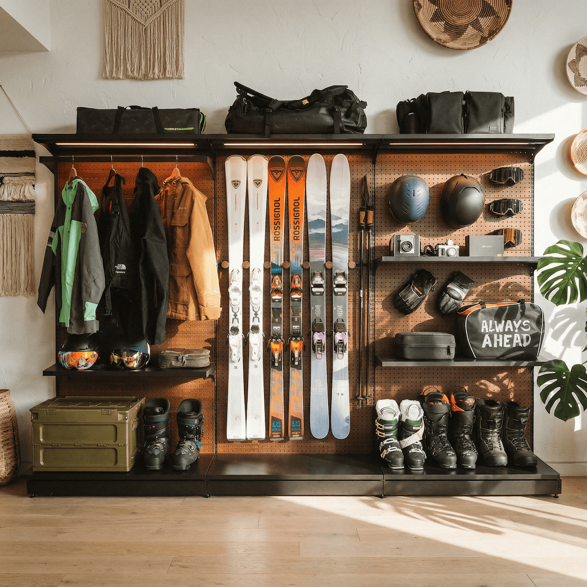 Pegboard storage rack with skis, boots, and other gear in a room with wooden floor and white walls.