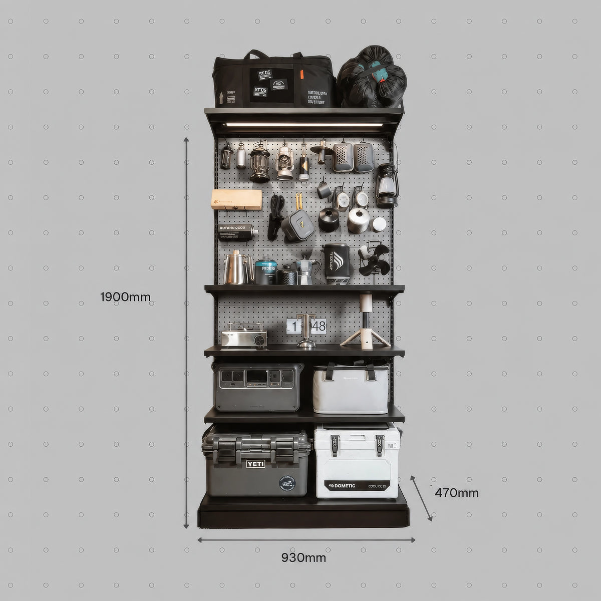 Brushed Steel PegGrid perforated back panel shown installed in a 1-Grid setup; frame, shelves, accessories and gear are not included with the back panel.