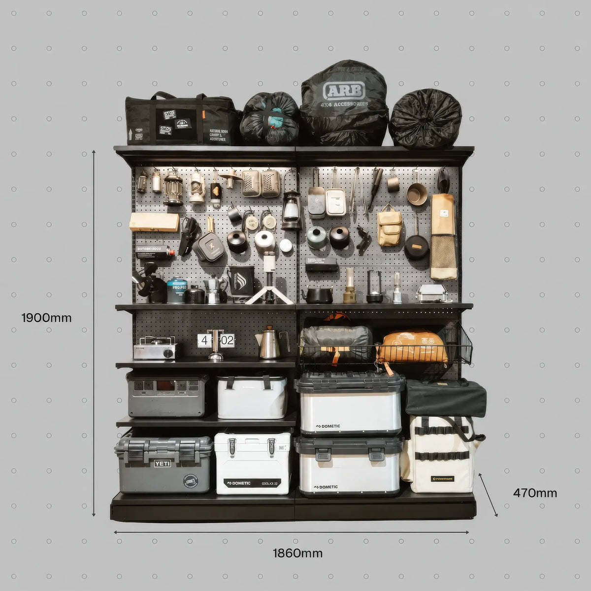 Brushed Steel PegGrid perforated back panel shown installed in a 2-Grid setup; frame, shelves, accessories and gear are not included with the back panel.
