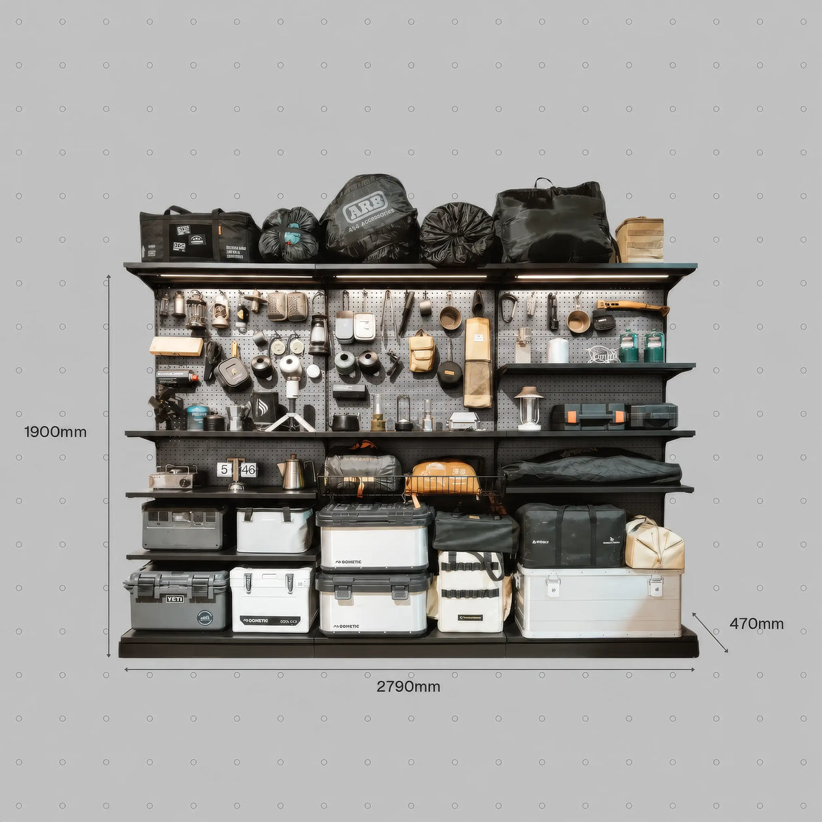 Brushed Steel PegGrid perforated back panel shown installed in a 3-Grid setup; frame, shelves, accessories and gear are not included with the back panel.