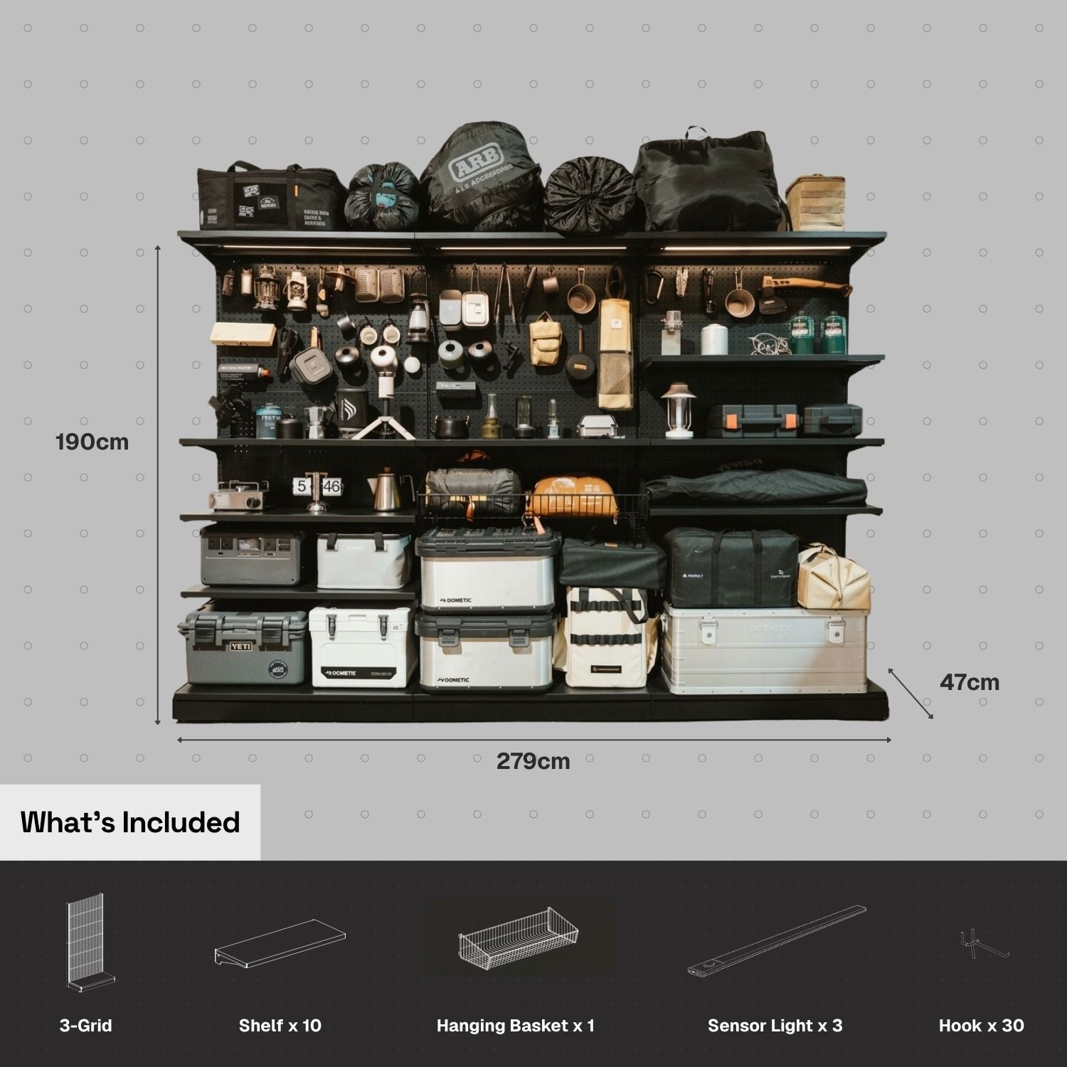 Storage shelf with various items and dimensions on a gray background