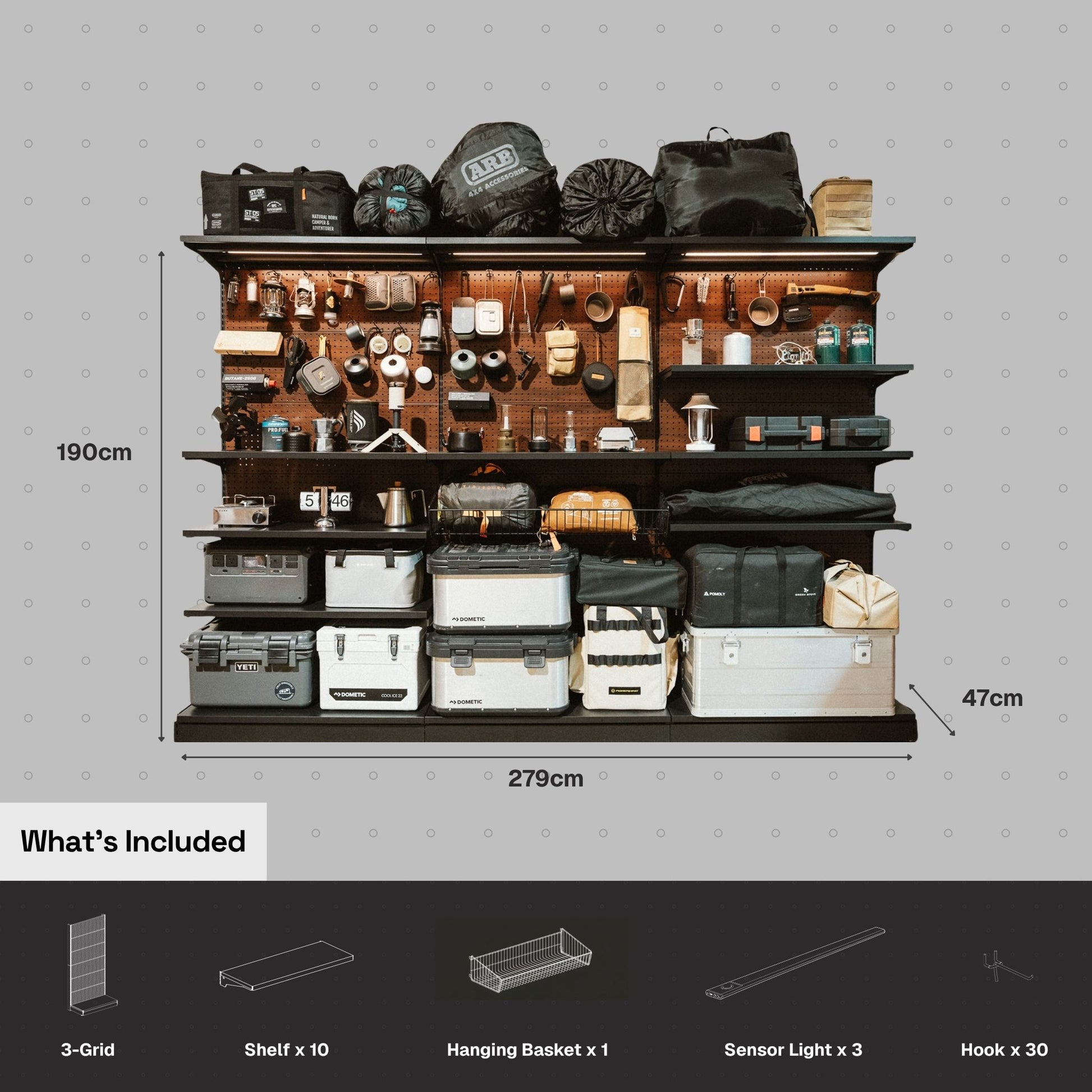 Pegboard storage shelf with various items and dimensions labeled on a gray background